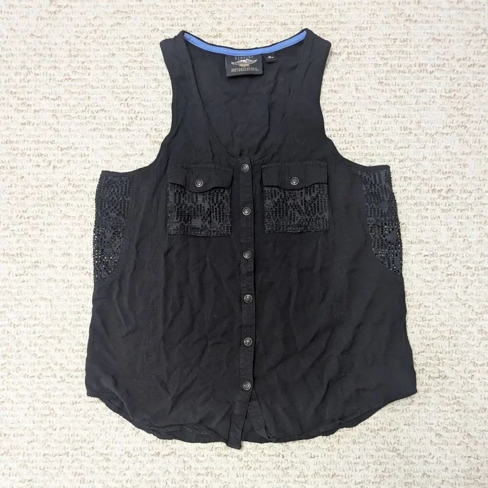 Harley-Davidson Womens M Black Sleeveless Button Up Vest Lace Summer - Picture 1 of 4